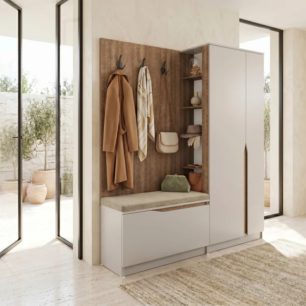 Mobile ingresso 160x189h cm con scarpiera e appendiabiti rovere scuro beige cashmere Karpathos