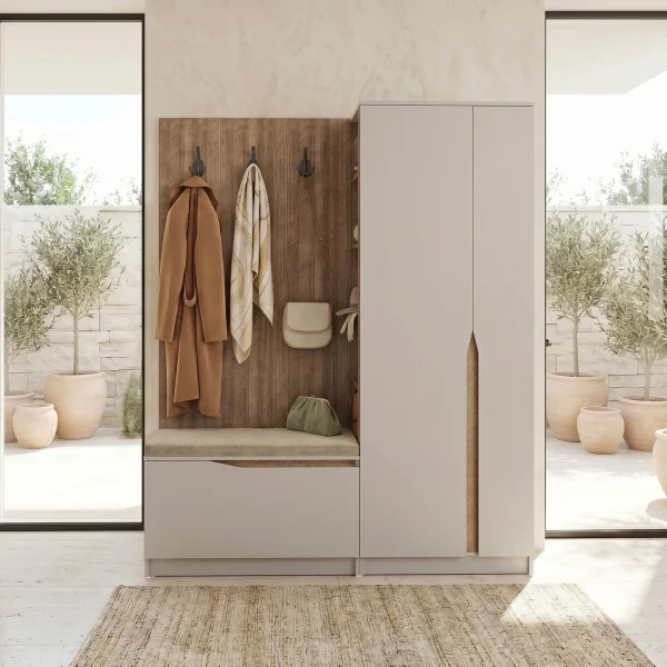 Mobile ingresso 160x189h cm con scarpiera e appendiabiti rovere scuro beige cashmere Karpathos