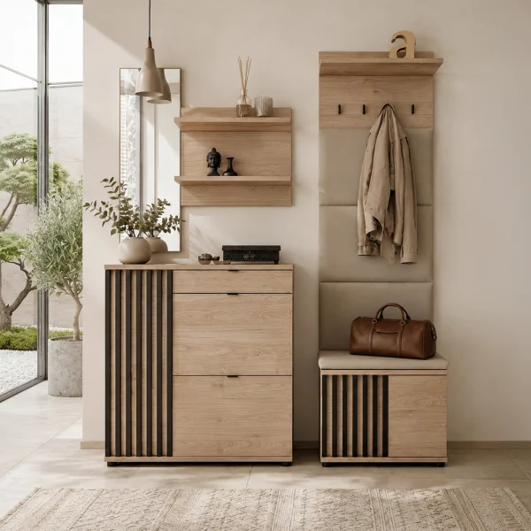 Mobile ingresso 170x195h cm con specchio ed appendiabiti cannettatto rovere nero Berlino