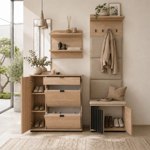 Mobile ingresso 170x195h cm con specchio ed appendiabiti cannettatto rovere nero Berlino
