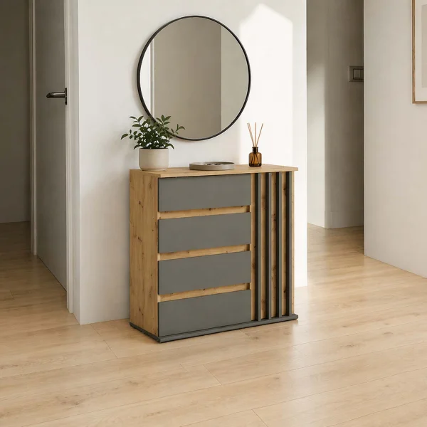 Mobile ingresso 80x79h cm con 4 cassetti 1 anta cannettato antracite rovere Zante