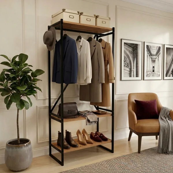 Mobile ingresso appendiabiti 66x160h cm industrial con scarpiera metallo rovere rustico Loft