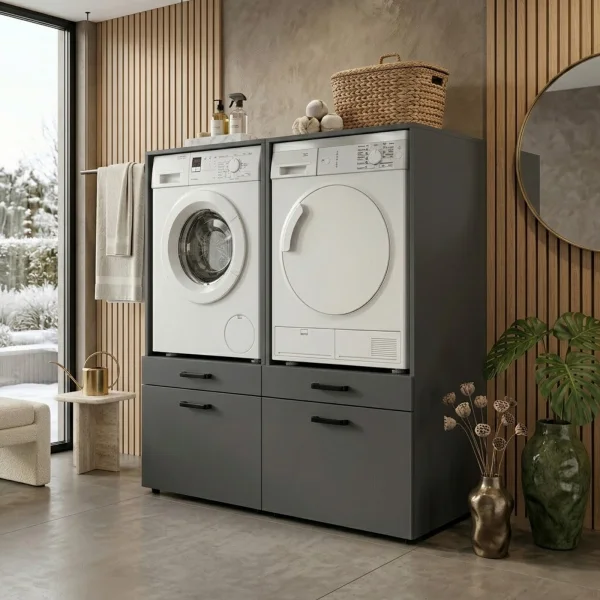 Mobile lavatrice e asciugatrice 134x144h cm con cassettoni antracite Water