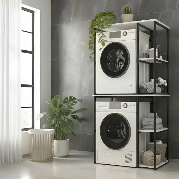 Mobile lavatrice e asciugatrice 90x188h cm 4 vani a vista industrial metallo bianco Loft