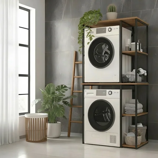 Mobile lavatrice e asciugatrice 90x188h cm 4 vani a vista industrial metallo rovere rustico Loft
