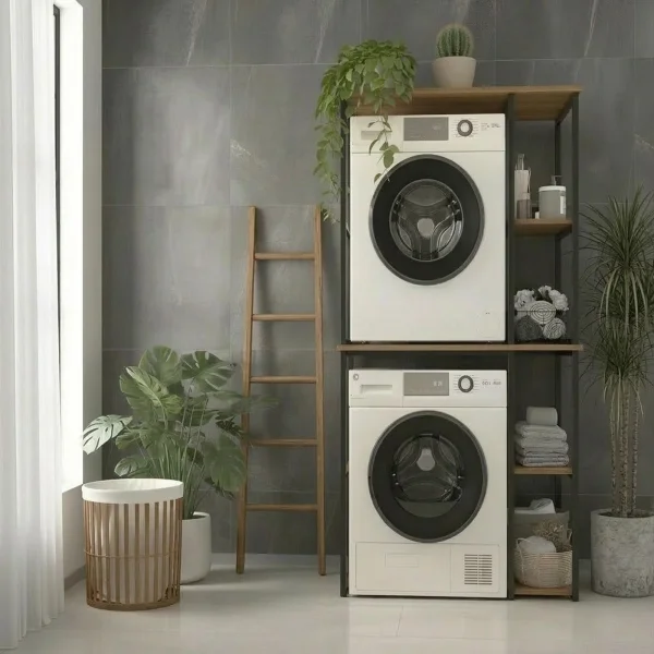 Mobile lavatrice e asciugatrice 90x188h cm 4 vani a vista industrial metallo rovere rustico Loft