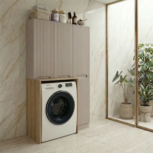 Mobile lavatrice lavanderia 105x180h cm con portabiancheria cannettato beige Cleany