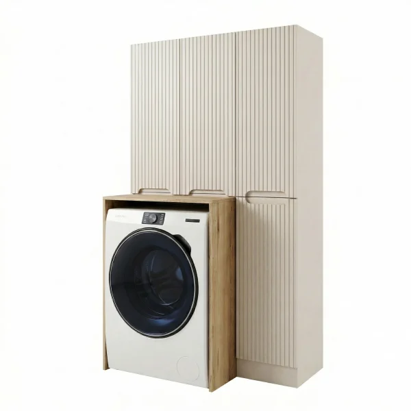 Mobile lavatrice lavanderia 105x180h cm con portabiancheria cannettato beige Cleany