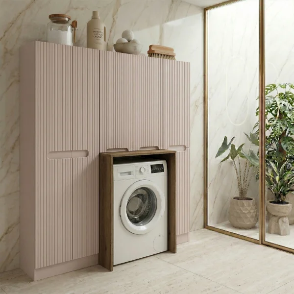 Mobile lavatrice lavanderia 165x180h cm con portabiancheria cannettato beige Cleany