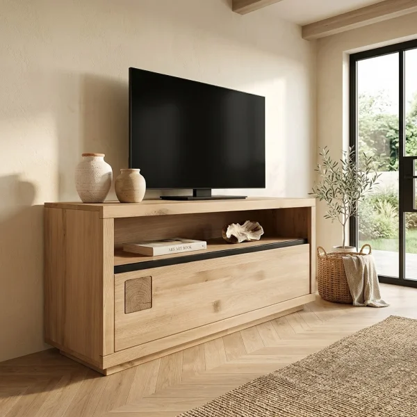 Mobile porta TV 120x56h cm 1 cassetto 1 ripiano a vista legno massello rovere Tarselia
