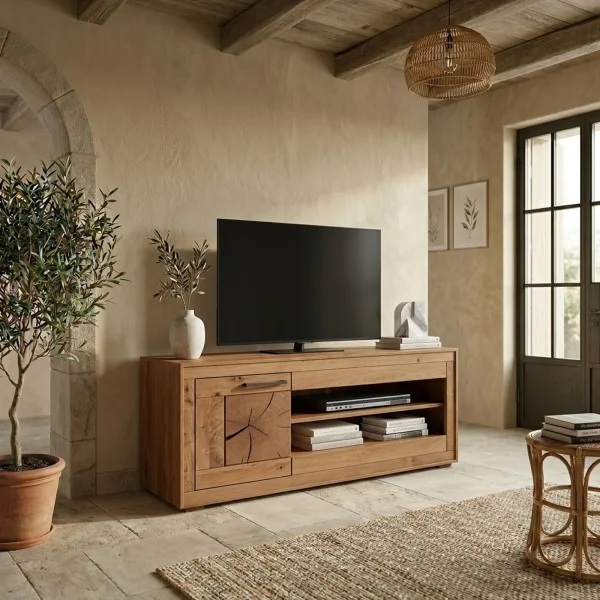 Mobile porta TV 130x62h cm 1 anta 2 ripiani a vista legno massello rovere Ebania