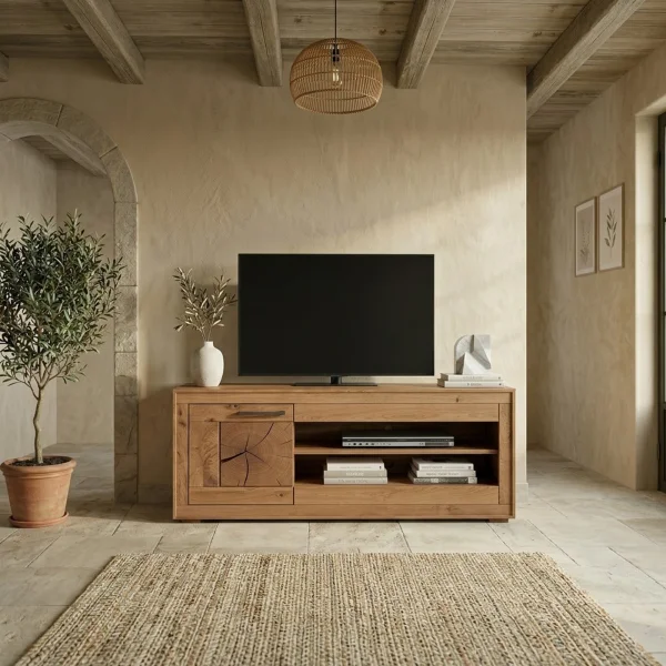 Mobile porta TV 130x62h cm 1 anta 2 ripiani a vista legno massello rovere Ebania