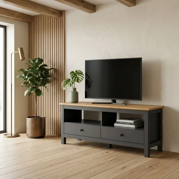 Mobile porta TV 137x59h cm scandinava 2 cassetti 2 vani giorno grigio grafite rovere Holga
