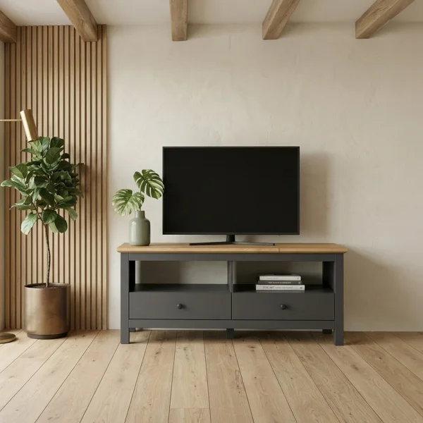 Mobile porta TV 137x59h cm scandinava 2 cassetti 2 vani giorno grigio grafite rovere Holga
