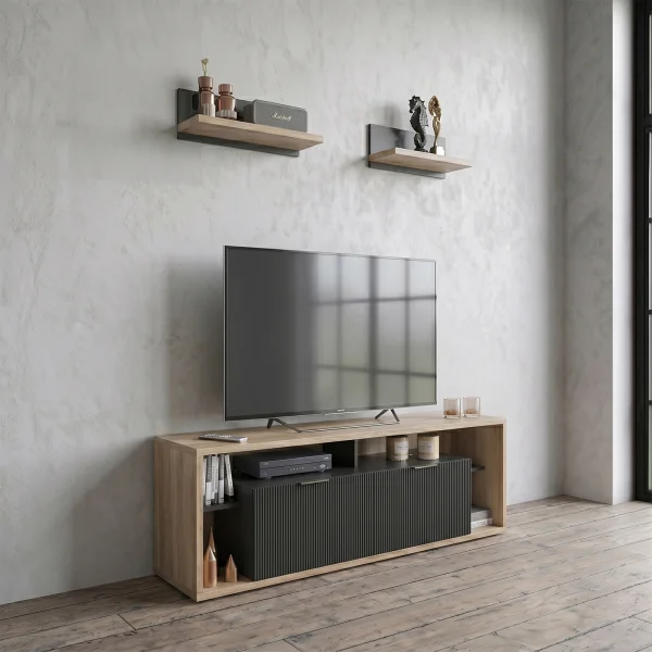 Mobile porta TV 160x56h cm con 2 mensole cannettato rovere nero Savona
