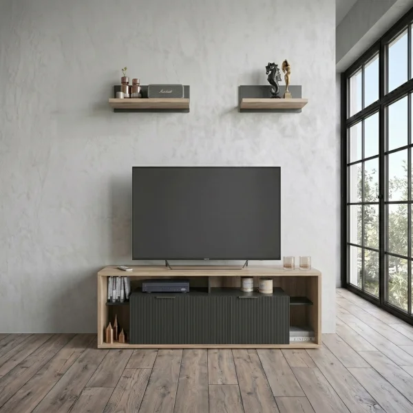 Mobile porta TV 160x56h cm con 2 mensole cannettato rovere nero Savona