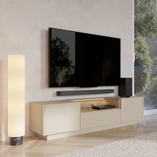 Mobile porta TV 176x43h cm con led 2 ante 1 cassetto 1 ripiano a vista soggiorno beige rovere Cream