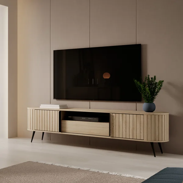 Mobile porta TV 196x51h cm 2 ante scorrevoli 1 cassetto 1 ripiano a vista soggiorno rovere Groove