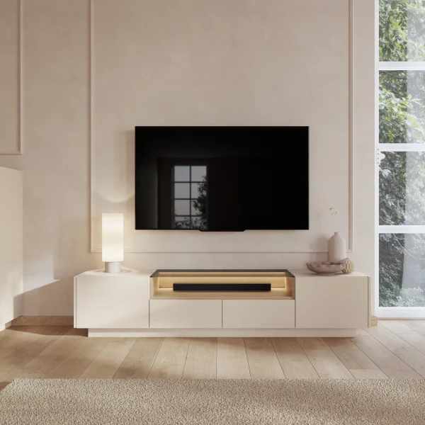 Mobile porta TV 203x43h cm con led 2 ante 2 cassetti 1 ripiano a vista soggiorno beige rovere Cream