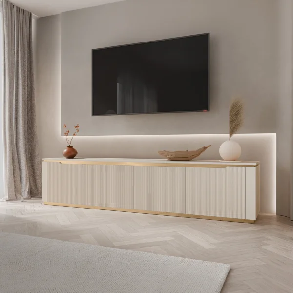 Mobile porta TV 219x50h cm 4 ante a ribalta cannettato beige cashmere oro Gatsby