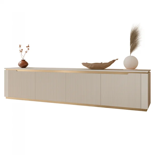 Mobile porta TV 219x50h cm 4 ante a ribalta cannettato beige cashmere oro Gatsby