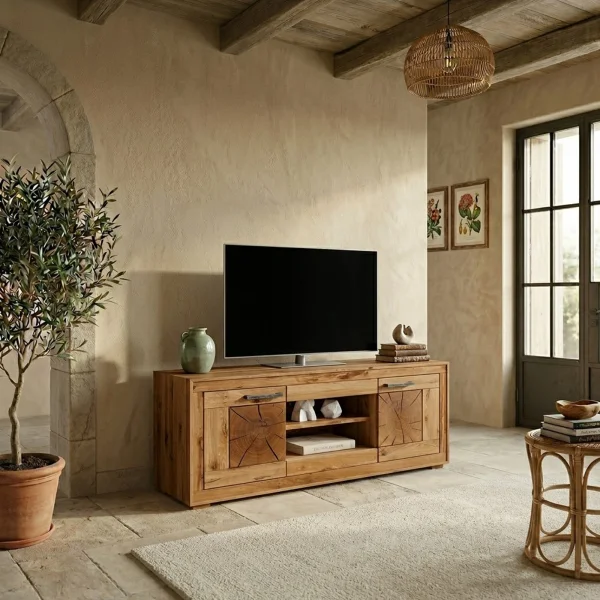 Mobile porta TV credenza 150x62h cm 2 ante 2 ripiani a vista legno massello rovere Ebania