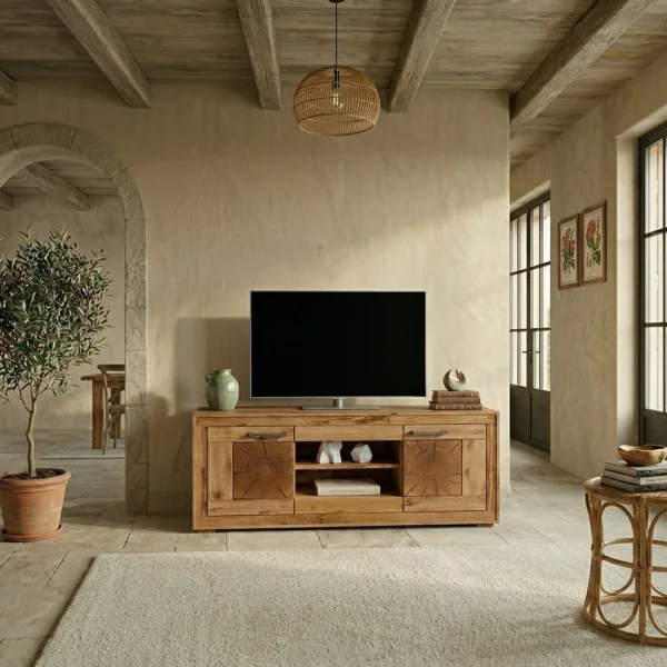 Mobile porta TV credenza 150x62h cm 2 ante 2 ripiani a vista legno massello rovere Ebania