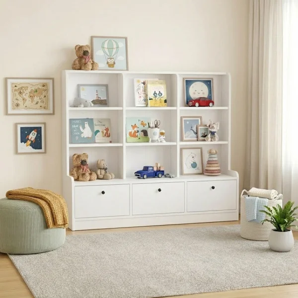 Mobile portagiochi 133x115h cm 9 scaffali 3 ante bianco Toy