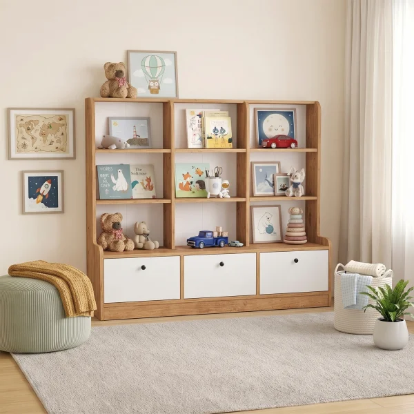 Mobile portagiochi 133x115h cm 9 scaffali 3 ante rovere rustico bianco Toy