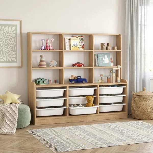Mobile portagiochi 133x115h cm 9 scaffali e cassettiera rovere Fast Concordia