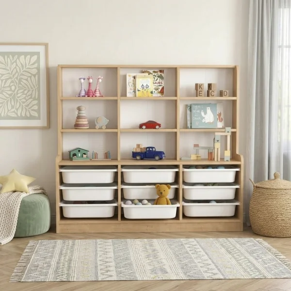 Mobile portagiochi 133x115h cm 9 scaffali e cassettiera rovere Fast Concordia