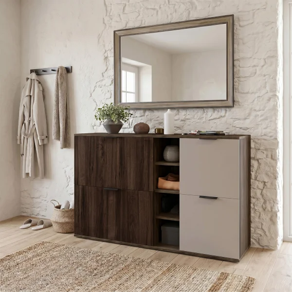 Mobile scarpiera 130x81h cm 2 ante 2 ribalte e vani a giorno tortora noce Raymonda
