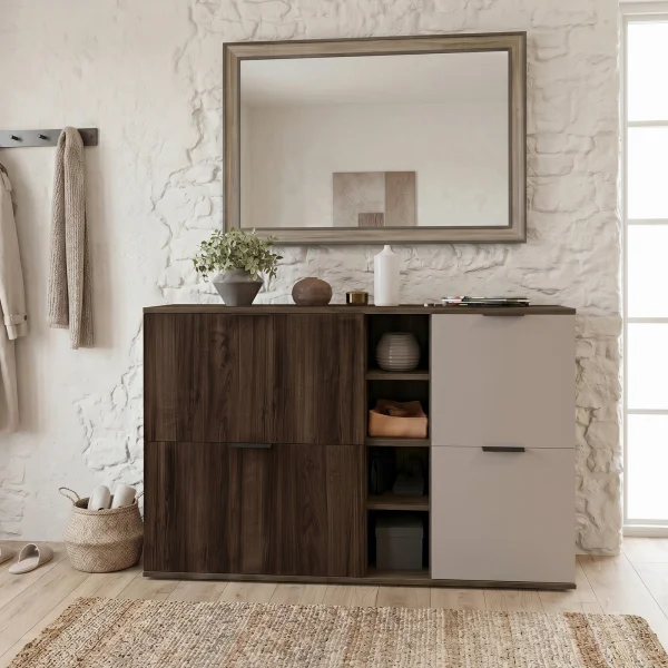 Mobile scarpiera 130x81h cm 2 ante 2 ribalte e vani a giorno tortora noce Raymonda
