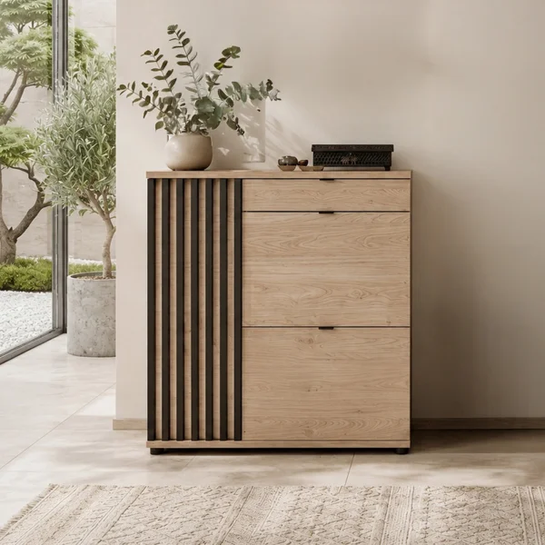 Mobile scarpiera multiuso 90x95h cm 3 ante 1 cassetto cannettato rovere nero Berlino