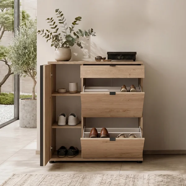 Mobile scarpiera multiuso 90x95h cm 3 ante 1 cassetto cannettato rovere nero Berlino