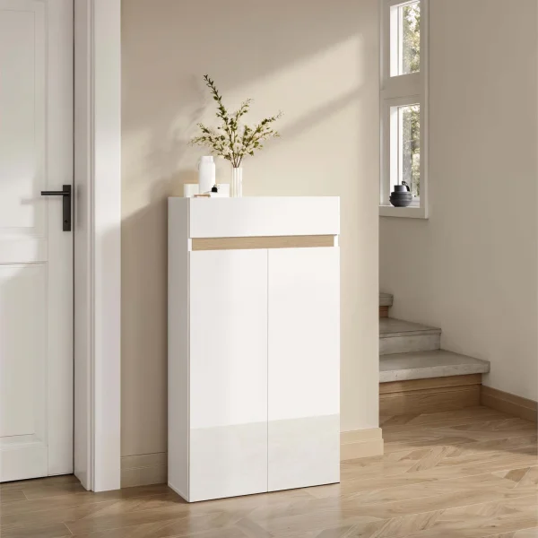 Mobile scarpiera multiuso ingresso 63x114h cm 2 ante 1 cassetto bianco lucido top rovere Noren