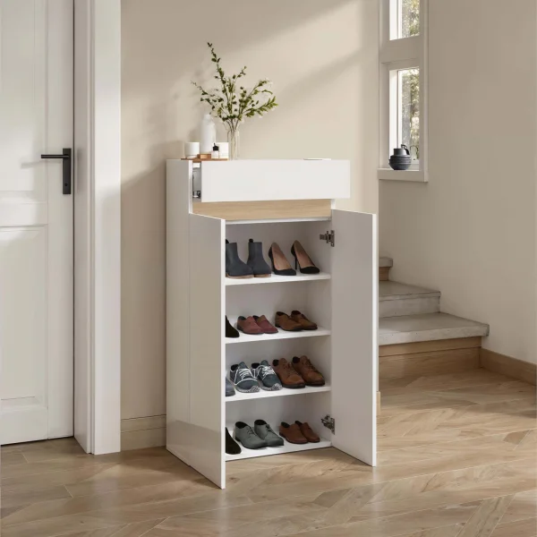 Mobile scarpiera multiuso ingresso 63x114h cm 2 ante 1 cassetto bianco lucido top rovere Noren