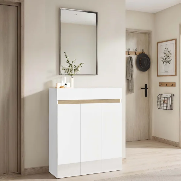 Mobile scarpiera multiuso ingresso 94x114h cm 3 ante 1 cassetto bianco lucido top rovere Noren