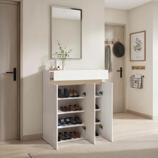 Mobile scarpiera multiuso ingresso 94x114h cm 3 ante 1 cassetto bianco lucido top rovere Noren