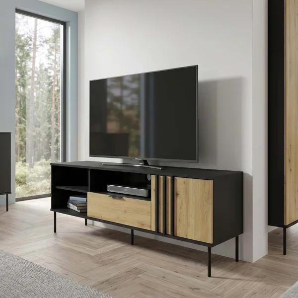 Mobile TV 160x58h cm 1 anta 1 cassetto e vani a vista cannettato nero rovere Garda