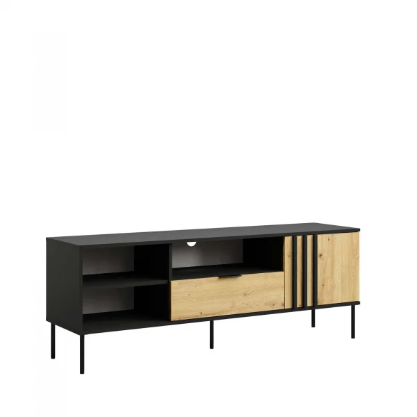 Mobile TV 160x58h cm 1 anta 1 cassetto e vani a vista cannettato nero rovere Garda