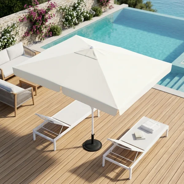 Ombrellone da giardino 2x3m con palo centrale telo bianco struttura bianca con volant Favignana
