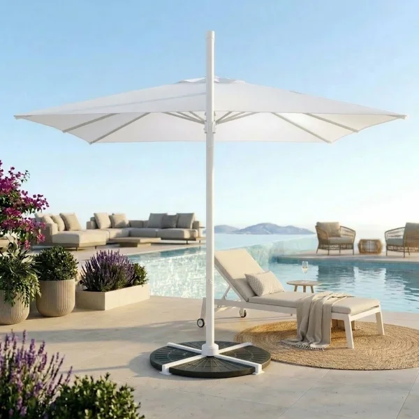 Ombrellone da giardino 3x3m orientabile a 360° con palo laterale telo bianco struttura bianca Levante