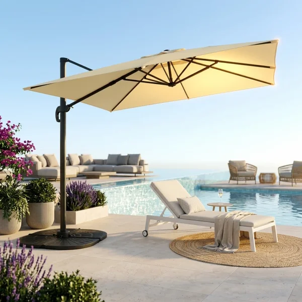 Ombrellone da giardino 3x3m orientabile a 360° con palo laterale telo ecrù struttura nera Levante