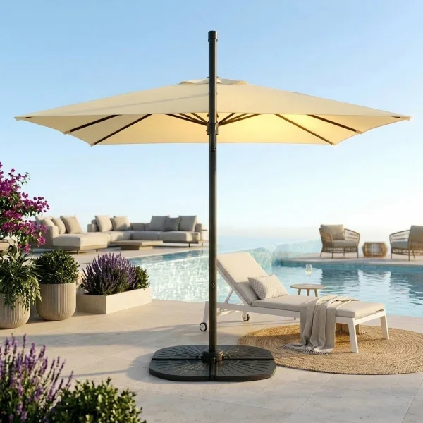 Ombrellone da giardino 3x3m orientabile a 360° con palo laterale telo ecrù struttura nera Levante