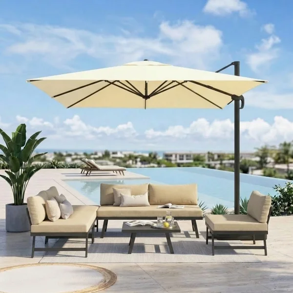 Ombrellone da giardino 4x3m con palo laterale telo ecrù struttura nera Zanzibar