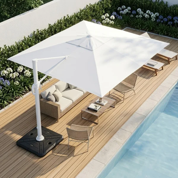 Ombrellone da giardino 4x4m orientabile a 360° con palo laterale telo bianco struttura bianca Formentera
