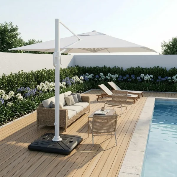 Ombrellone da giardino 4x4m orientabile a 360° con palo laterale telo bianco struttura bianca Formentera