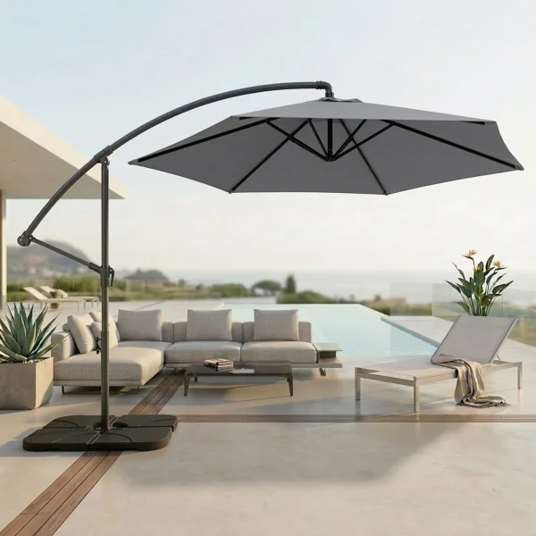 Ombrellone rotondo Ø3m con palo laterale telo grigio struttura nera Ibiza