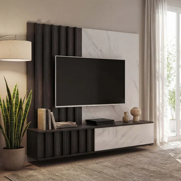 Parete attrezzata 160x148h cm sospesa cannettato wengè bianco effetto marmo Kendo